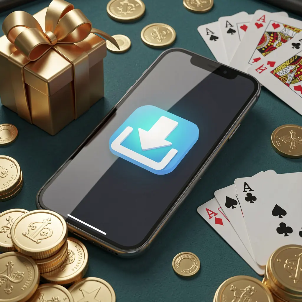 Conceito de download do aplicativo de cassino 73PB mostrando um smartphone com um ícone de download cercado por moedas douradas, uma caixa de presente e cartas de jogar em uma atmosfera moderna de jogos móveis Conceito de download do aplicativo de cassino 73PB mostrando um smartphone com um ícone de download cercado por moedas douradas, uma caixa de presente e cartas de jogar em uma atmosfera moderna de jogos móveis