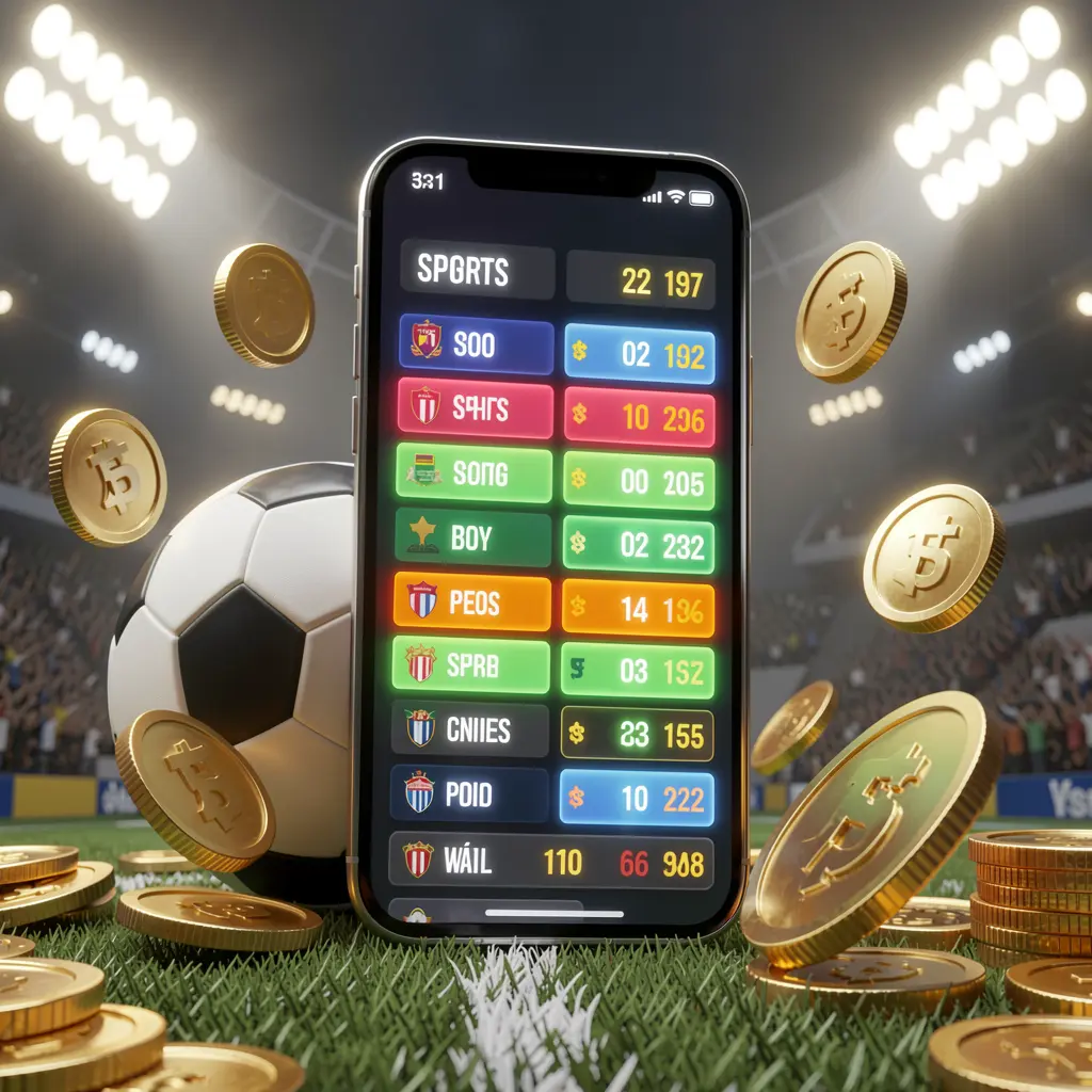 Visual moderno de apostas em futebol 73PB apresentando um smartphone com interface brilhante de odds esportivas, uma bola de futebol, moedas douradas e luzes de estádio em uma ilustração 3D premium