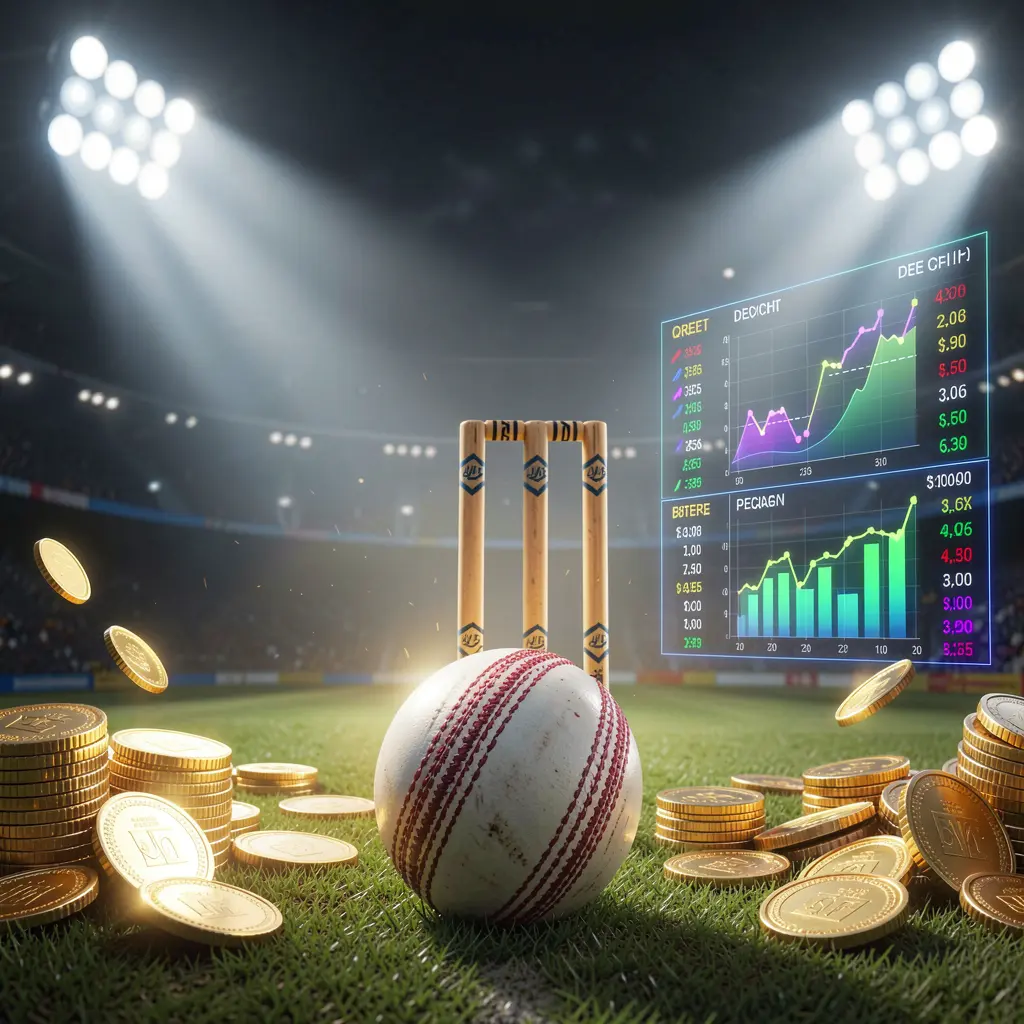 Fundo de página de apostas em críquete 73PB apresentando um estádio dramático com refletores, uma bola de críquete em primeiro plano, wickets atrás e moedas douradas ao lado de gráficos de dados brilhantes