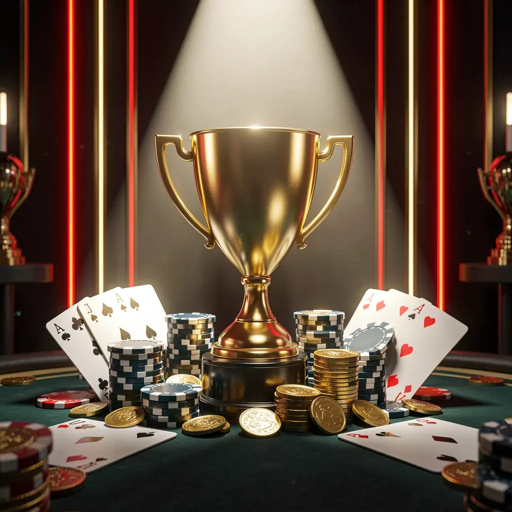 Conceito de bônus de torneio de cassino 73PB apresentando um troféu dourado cercado por fichas de pôquer, cartas de jogar e moedas sob um holofote brilhante em uma atmosfera competitiva de cassino de luxo com fundo escuro e detalhes em néon vermelho e dourado