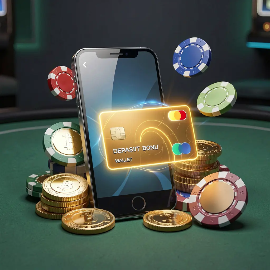 Carteira de smartphone com cartão de pagamento brilhante, moedas douradas e fichas de pôquer ao redor, representando um conceito de bônus de depósito em estilo moderno de cassino móvel da 73PB