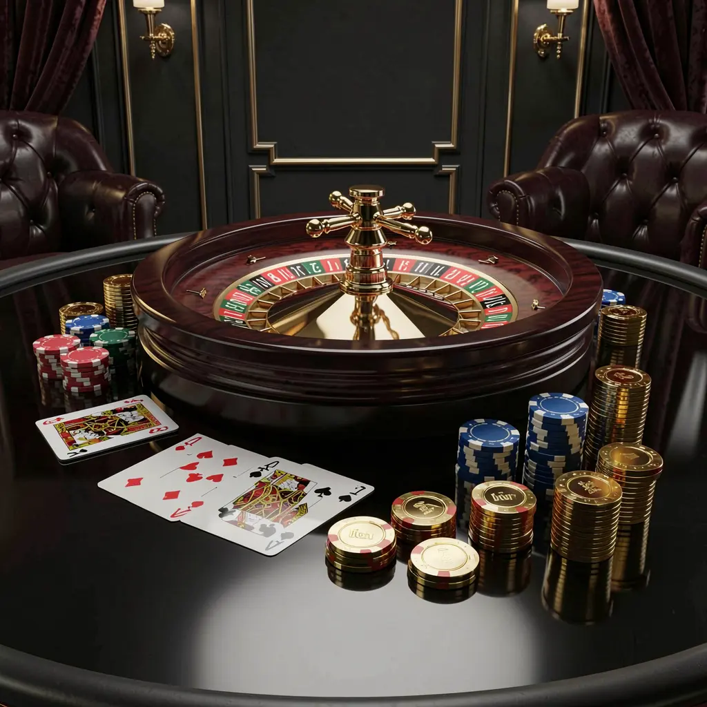Ilustração 3D realista de uma cena moderna de cassino online apresentando uma roleta, cartas de jogar, fichas de pôquer e moedas douradas sobre uma mesa brilhante com fundo escuro luxuoso, exibindo a experiência da marca 73PB