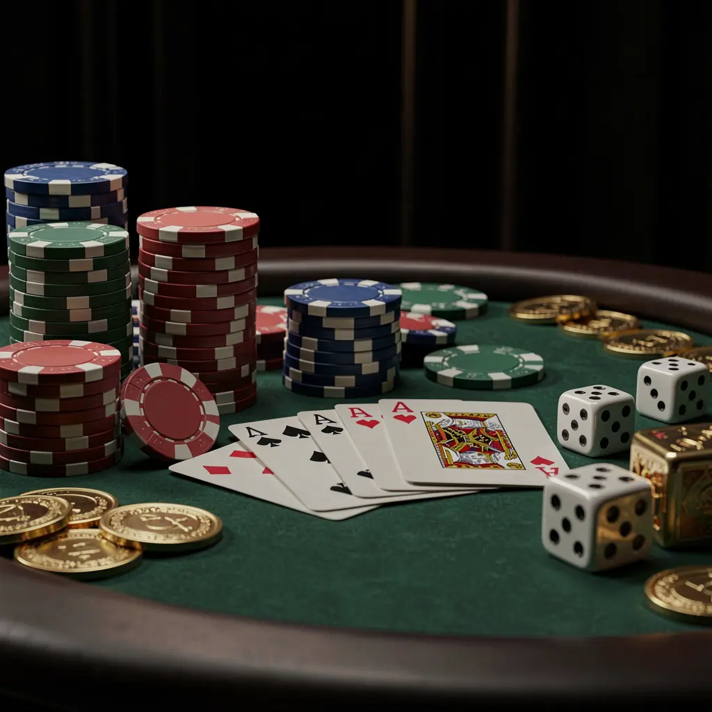 Close-up de uma elegante mesa de cassino apresentando fichas de pôquer, cartas de jogar, dados e moedas de ouro com iluminação cinematográfica suave sobre um fundo preto luxuoso, exibindo a renderização 3D realista da 73PB