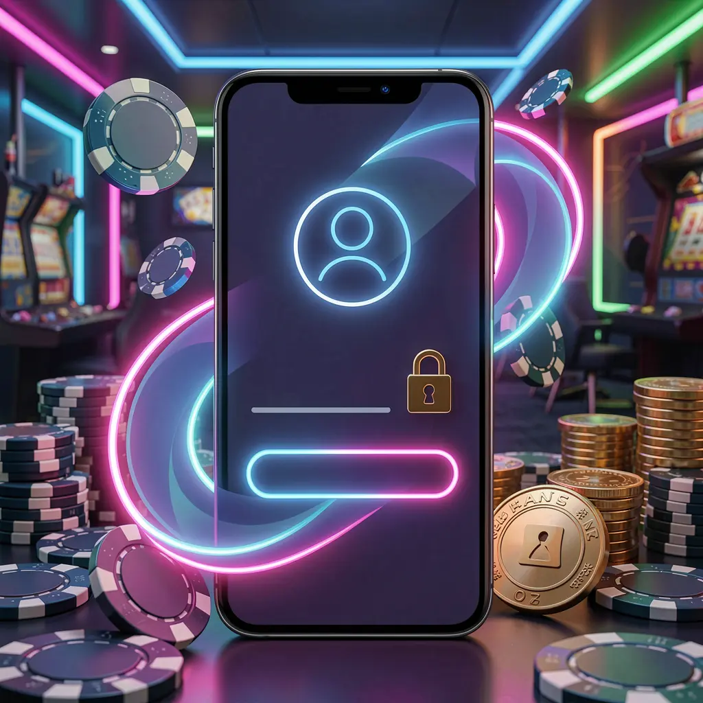 Conceito de página de início de sessão de jogos móveis 73PB em um smartphone com ícones abstratos de usuário e cadeado, cercado por fichas de cassino e moedas sob iluminação luxuosa em néon