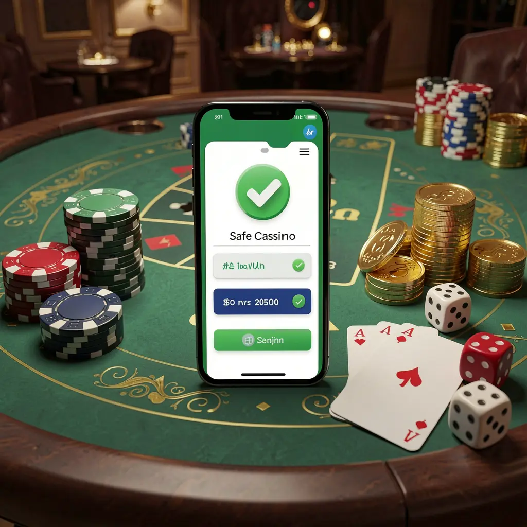 Conceito de início de sessão seguro no cassino 73PB mostrando um smartphone com um ícone de marca de verificação cercado por fichas, cartas, dados e moedas douradas sobre uma elegante mesa de cassino de luxo em uma renderização 3D realista