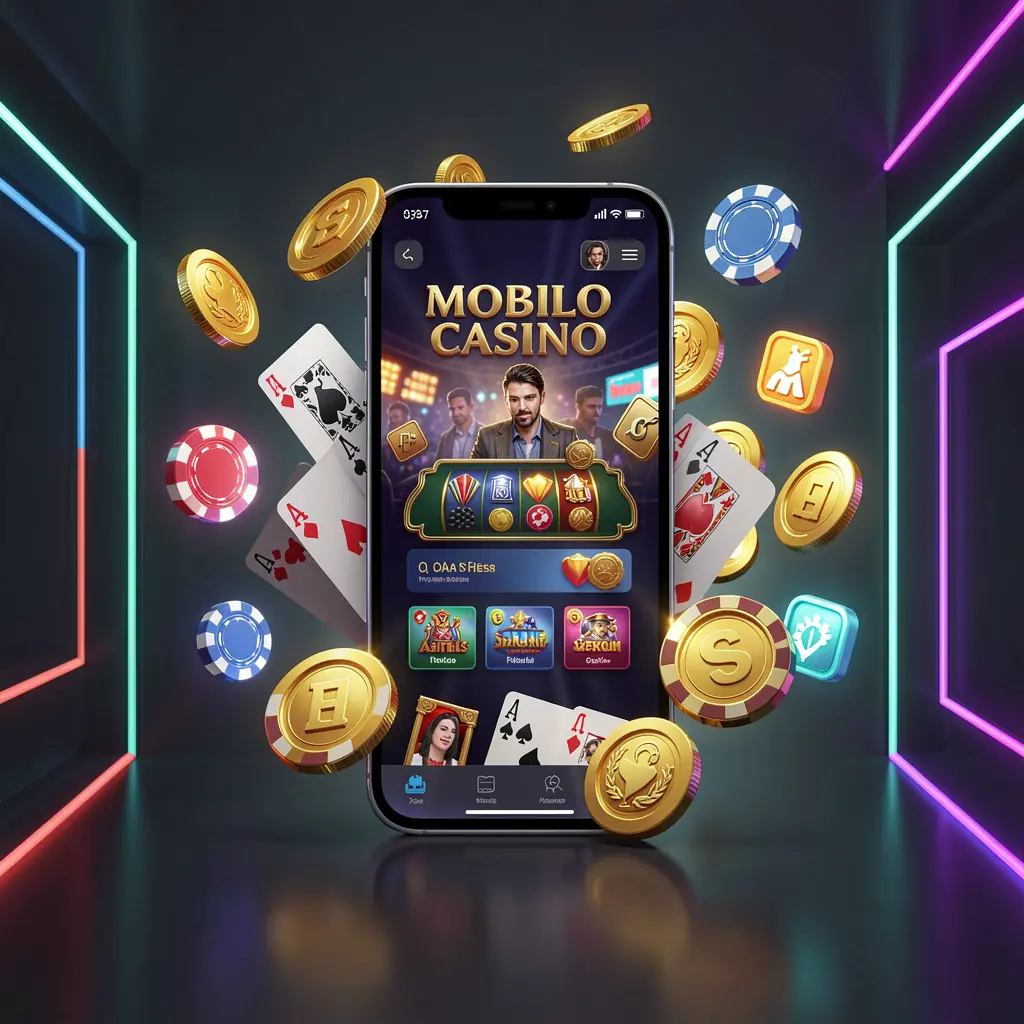 Conceito de página inicial de cassino móvel 73PB mostrando um smartphone cercado por moedas douradas, fichas, cartas e ícones brilhantes em um fundo escuro moderno com detalhes em néon